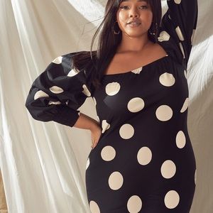 ELOQUII black and white polka dot off the shoulder Puff Sleeve dress